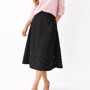 NWT Joh. Willis Black Textured A line Midi Skirt Pearl & Rhinestones Sz L 💚🎀